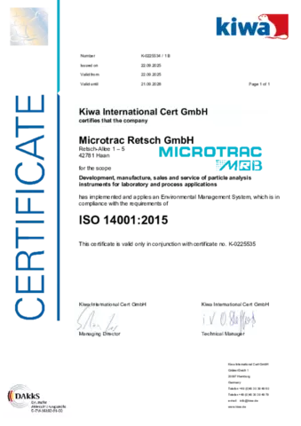 Microtrac Retsch DIN EN ISO 14001:2015 Certificate